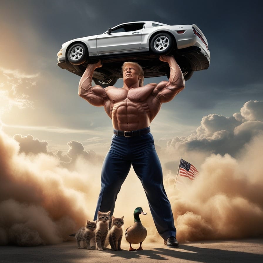 A bodybuilder-sized Donald Trump lifting a car above his head to save two kittens and a duck in a dramatic, heroic scene.