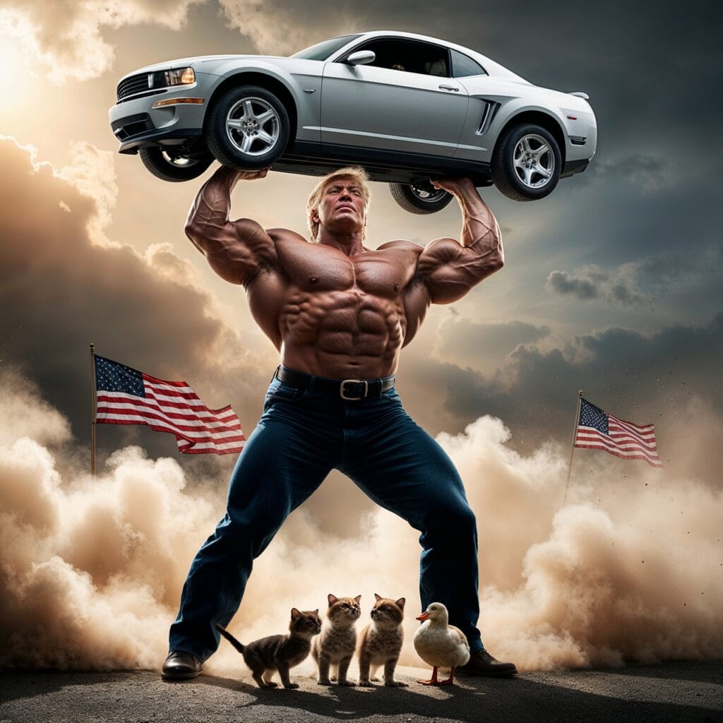 A bodybuilder-sized Donald Trump lifting a car above his head to save two kittens and a duck in a dramatic, heroic scene.