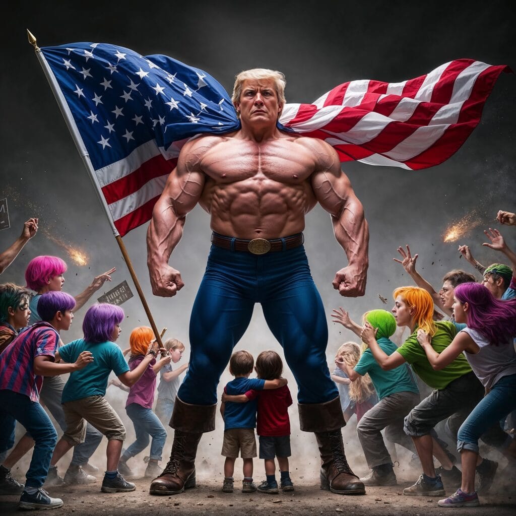 Muscular Trump draped in an American flag, shielding children from a chaotic crowd with brightly colored hair in a dramatic scene.