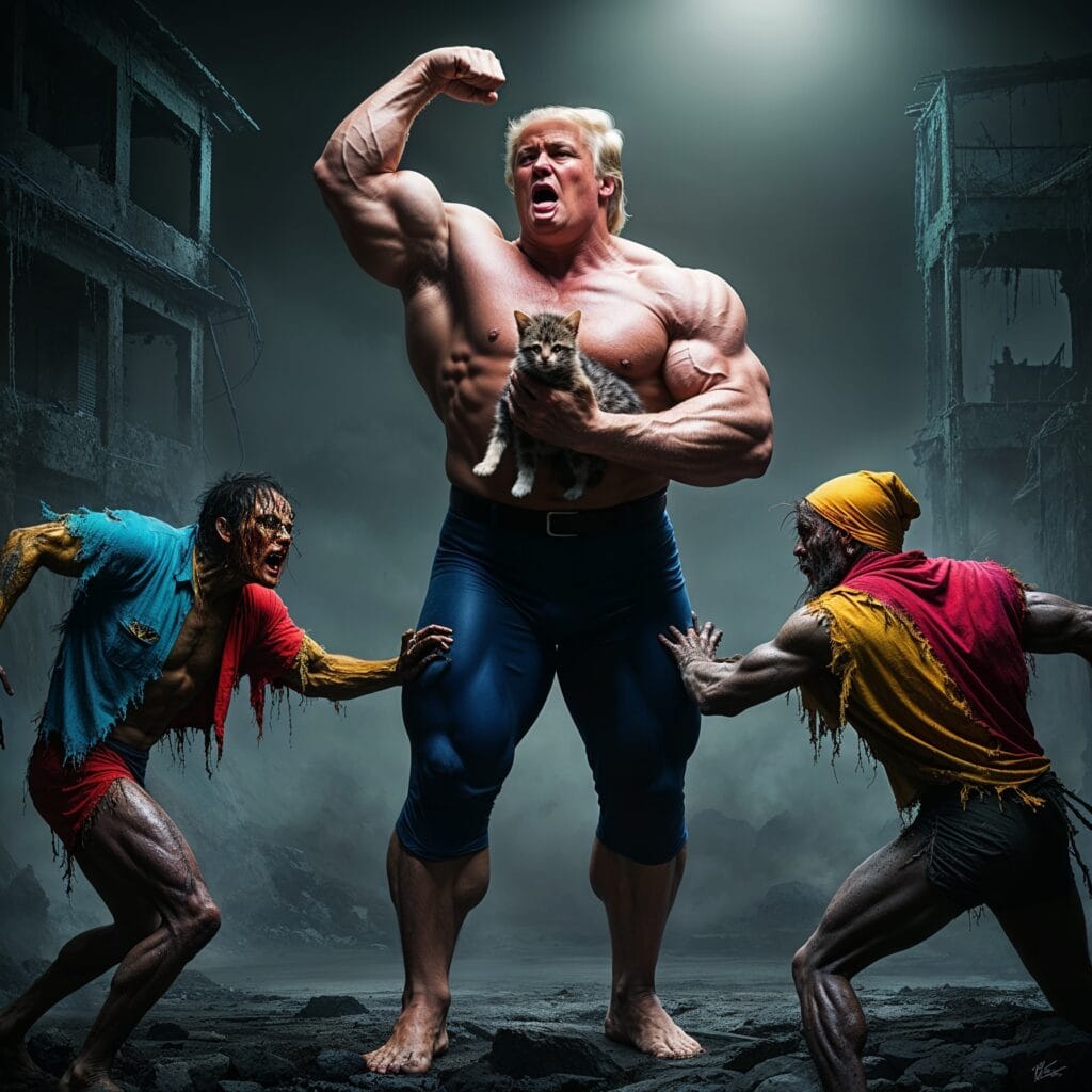 A muscular Trump, holding a kitten and shielding it from a chaotic figure in colorful, torn clothing in a dark, intense scene.