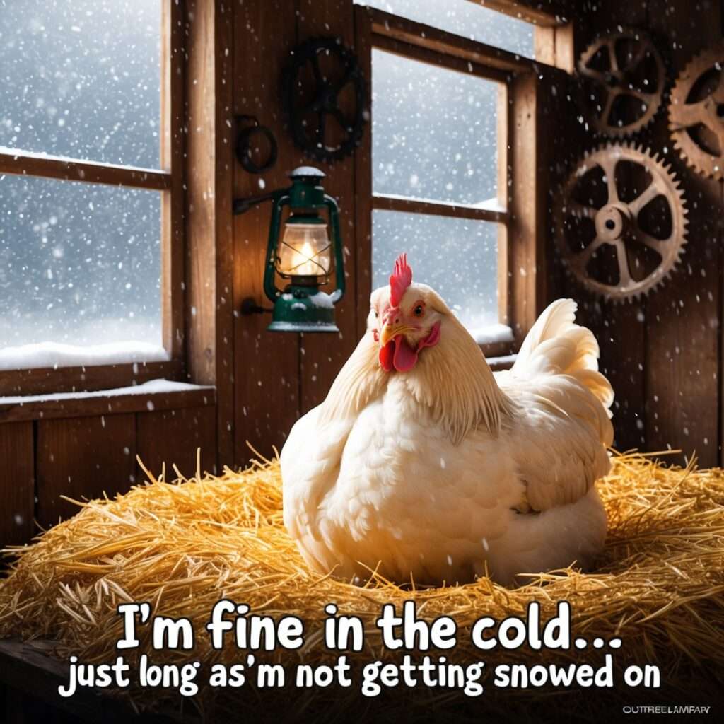 "A cozy chicken inside a rustic barn, surrounded by a snowstorm outside. The chicken remains comfortable thanks to its thick, warm feathers, perfectly adapted for cold weather."