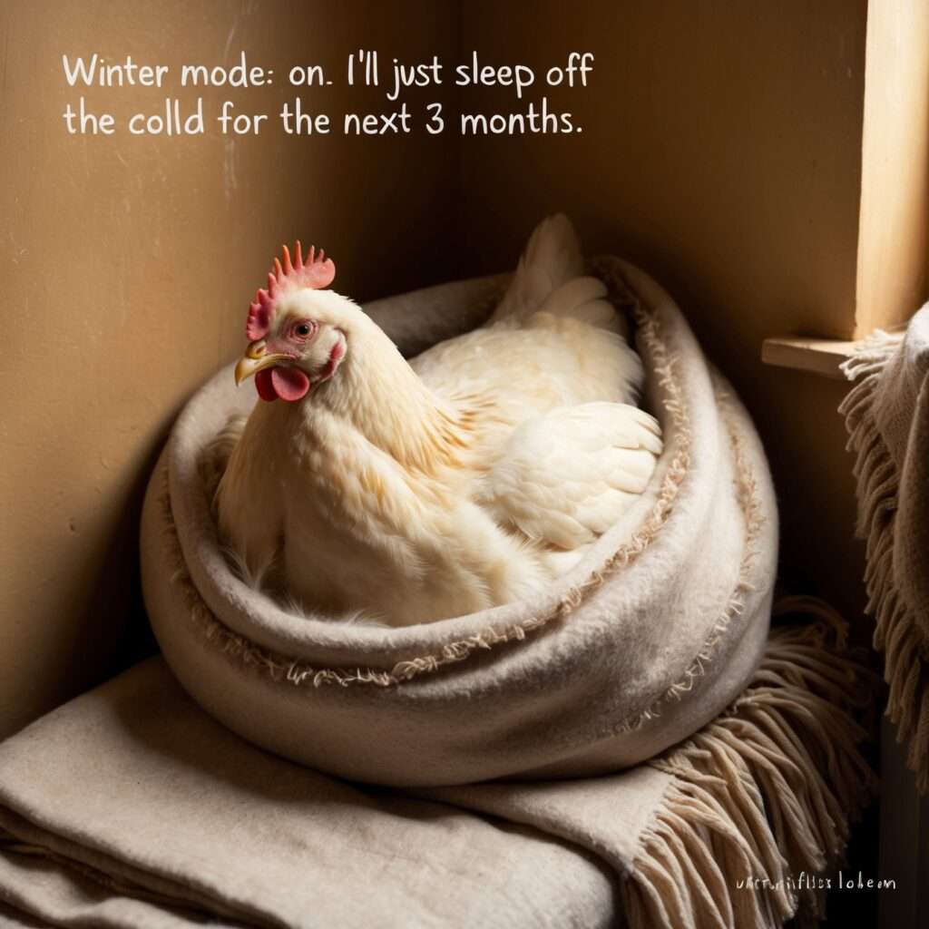 "A fluffy chicken sitting serenely in a warm barn, with thick feathers keeping it cozy while snow falls outside. The chicken enjoys the warmth and protection from the elements."