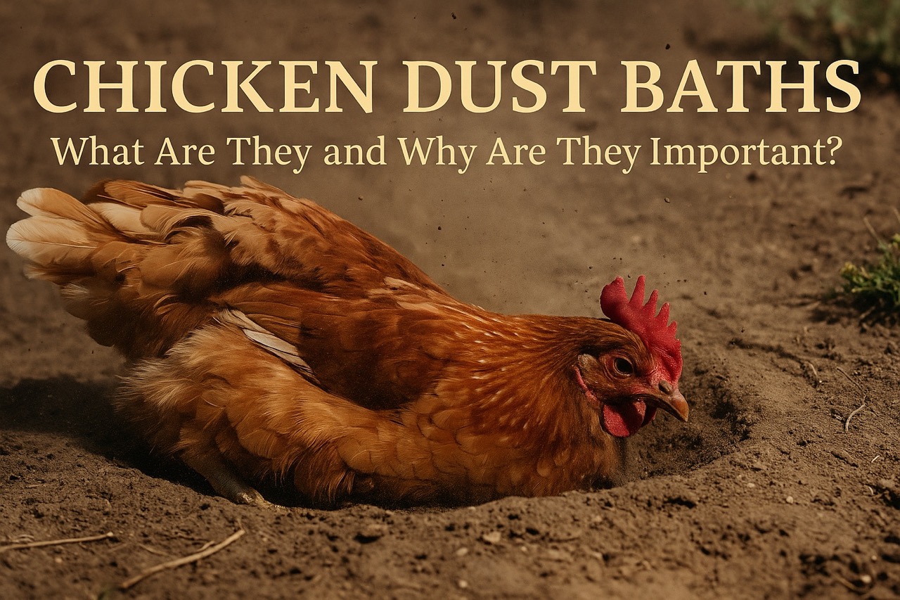 A chicken fluffs its feathers in a dust bath under golden sunlight, showcasing natural hygiene, parasite control, and instinctive behavior.