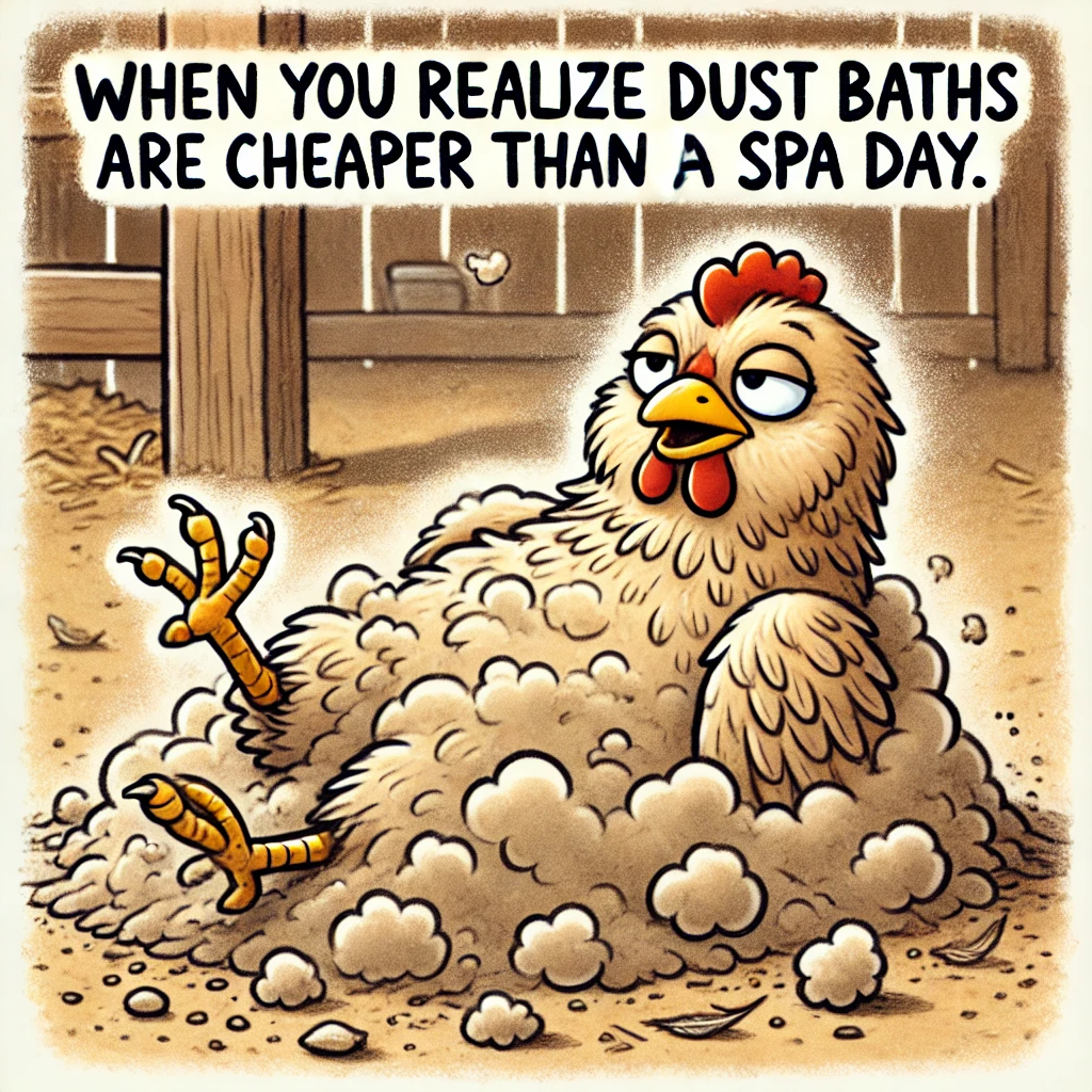 "Cartoon chicken enjoying a dust bath, lounging like at a spa with a humorous caption."