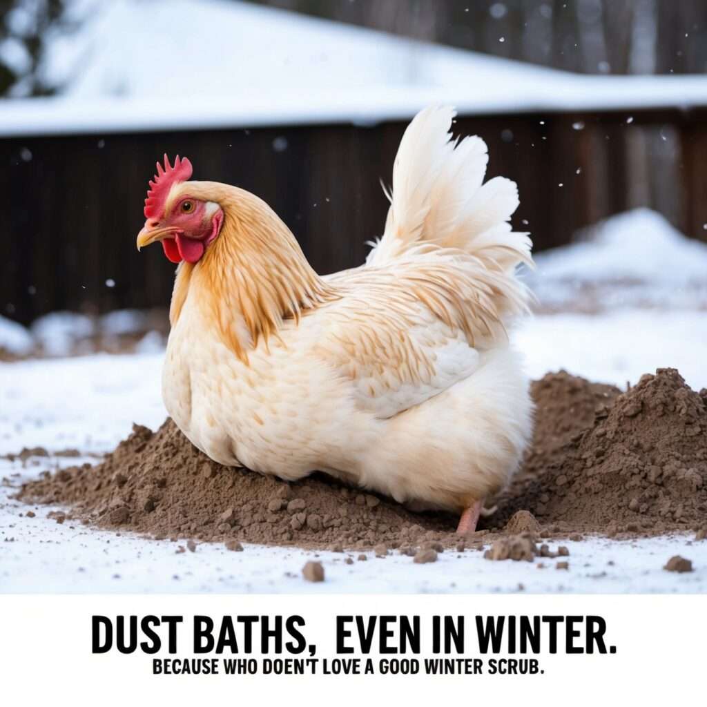 "Cartoon chicken humorously trying to take a dust bath in the snow, defying seasonal logic."