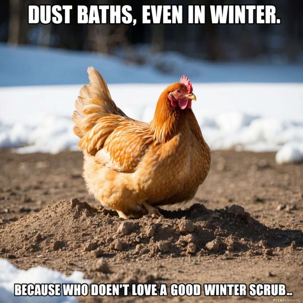 "Cartoon chicken humorously taking a dust bath in winter, despite it being a typically summer behavior."