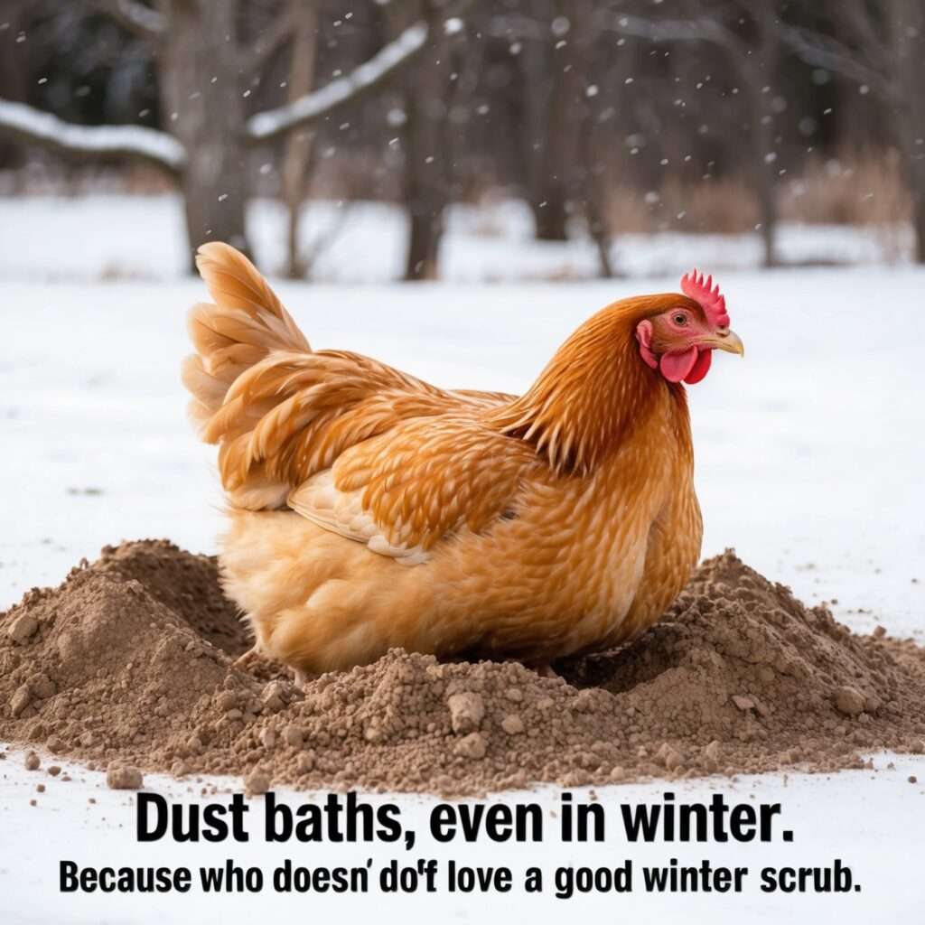 "Cartoon chicken humorously attempting a dust bath during winter, despite it being a more common summer activity."