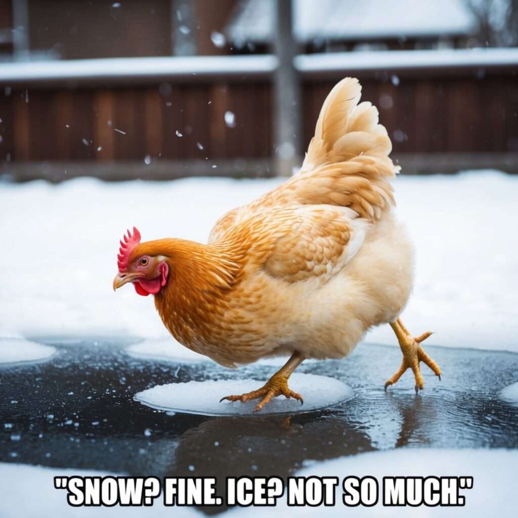 "Cartoon of a chicken standing resilient in the snow, showcasing its ability to tolerate cold temperatures and harsh winter conditions."