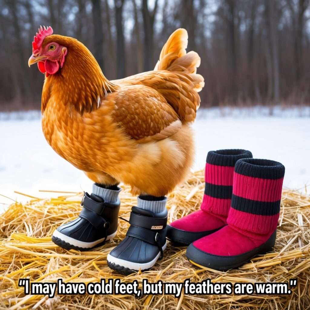"A chicken with unfeathered feet confidently walking through snowy winter terrain, illustrating how chickens are adapted to cold climates despite the lack of feathers on their feet."