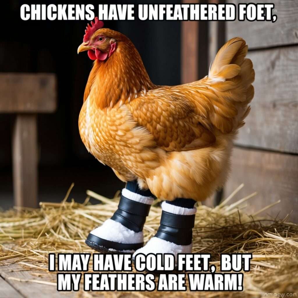 "A chicken with unfeathered feet standing confidently in a snowy winter scene, showing off its unique feature while surrounded by snowflakes."