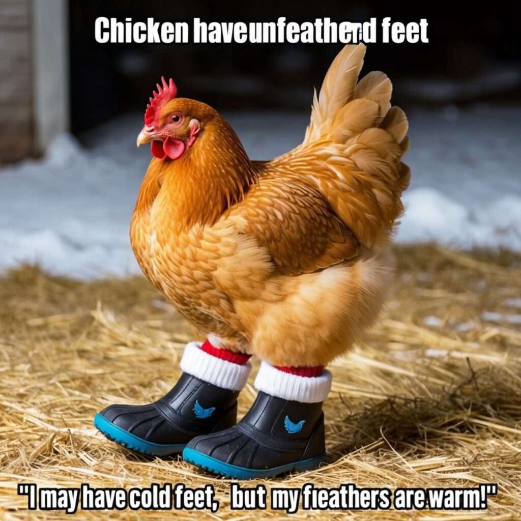 "A chicken with unfeathered feet standing confidently in the winter snow, showcasing its unique ability to withstand cold conditions despite having no feathers on its feet."