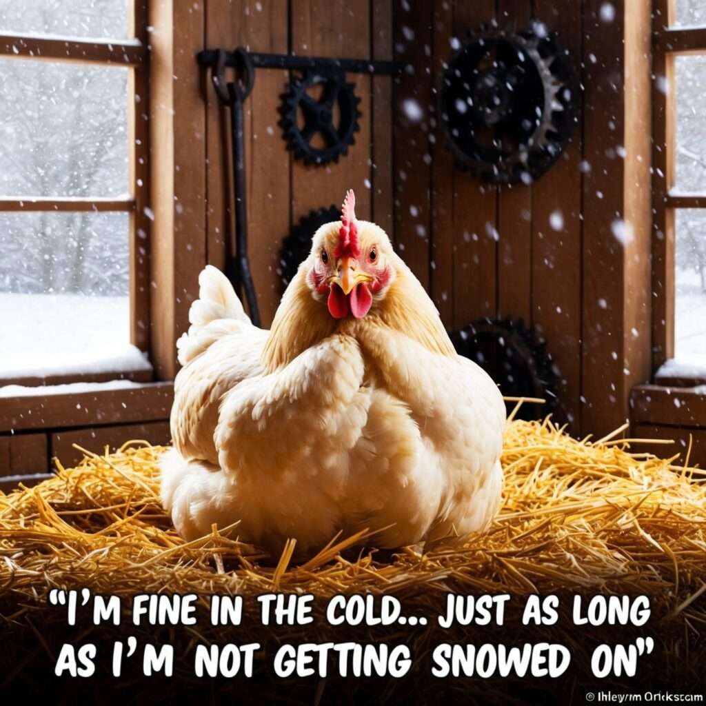 "A fluffy chicken sitting proudly inside a rustic barn, unbothered by the snowstorm outside. Its thick feathers keep it cozy and insulated, highlighting the chicken's natural ability to handle cold."