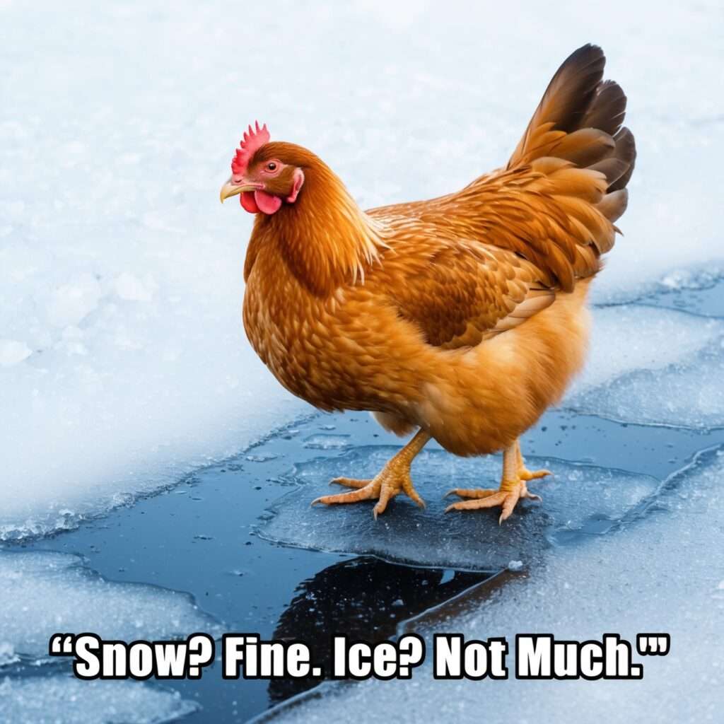 "Cartoon of a chicken standing resilient in the snow, demonstrating how chickens are built to withstand cold temperatures."