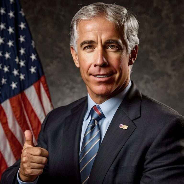 Chris Wright, nominee for Secretary of Energy, in a formal suit with an American flag in the background, giving a confident thumbs-up gesture.