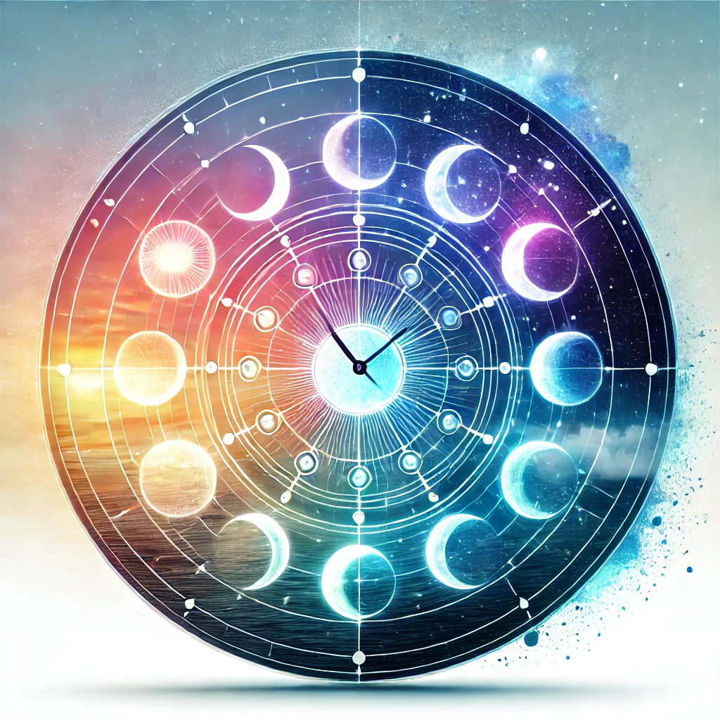 An abstract clock with sun and moon symbols, illustrating the circadian rhythm cycle from day to night.v