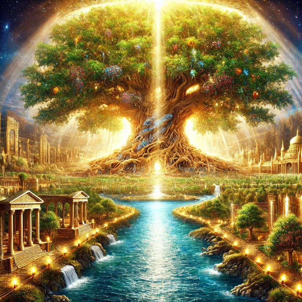 "Colossal Tree of Life spanning both sides of the crystal-clear River of Life in the New Jerusalem, surrounded by golden streets and radiant architecture. Inspired by Revelation 22:2, this depiction highlights the scale and beauty of God’s eternal provision."


