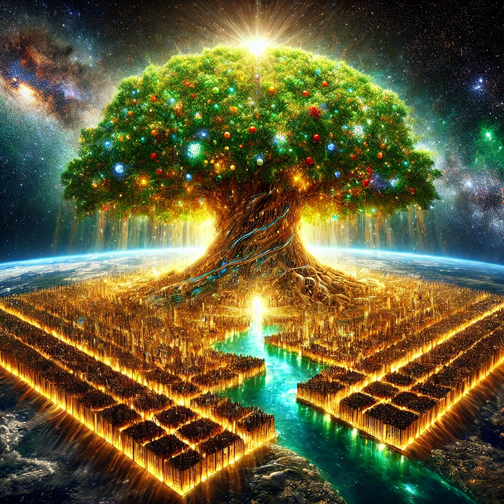 "A cosmic view of the colossal Tree of Life in the New Jerusalem, spanning both sides of the crystal-clear River of Life. The tree’s massive canopy and vibrant green leaves dominate the celestial city, reflecting the grandeur described in Revelation 22:2."

