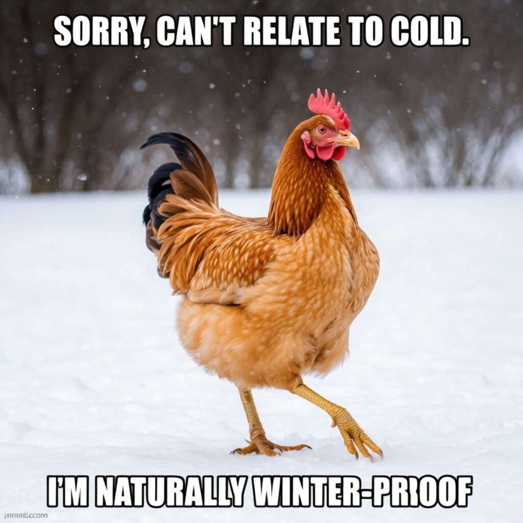 Cartoon chicken confidently walking through snow, showing off its resilience against the winter cold, with a snow-covered background.