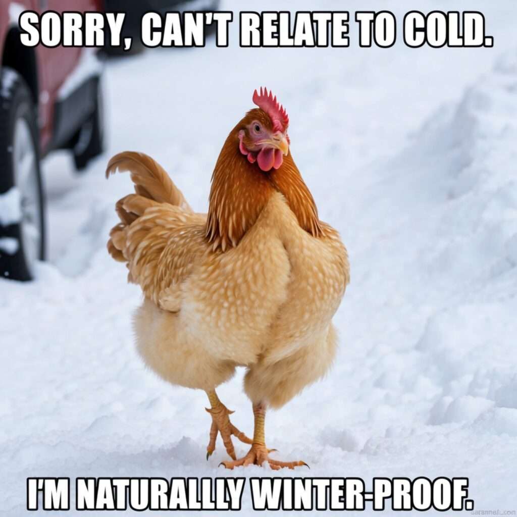 Cartoon chicken confidently walking through the snow, unaffected by the cold, with snowflakes falling in the background.