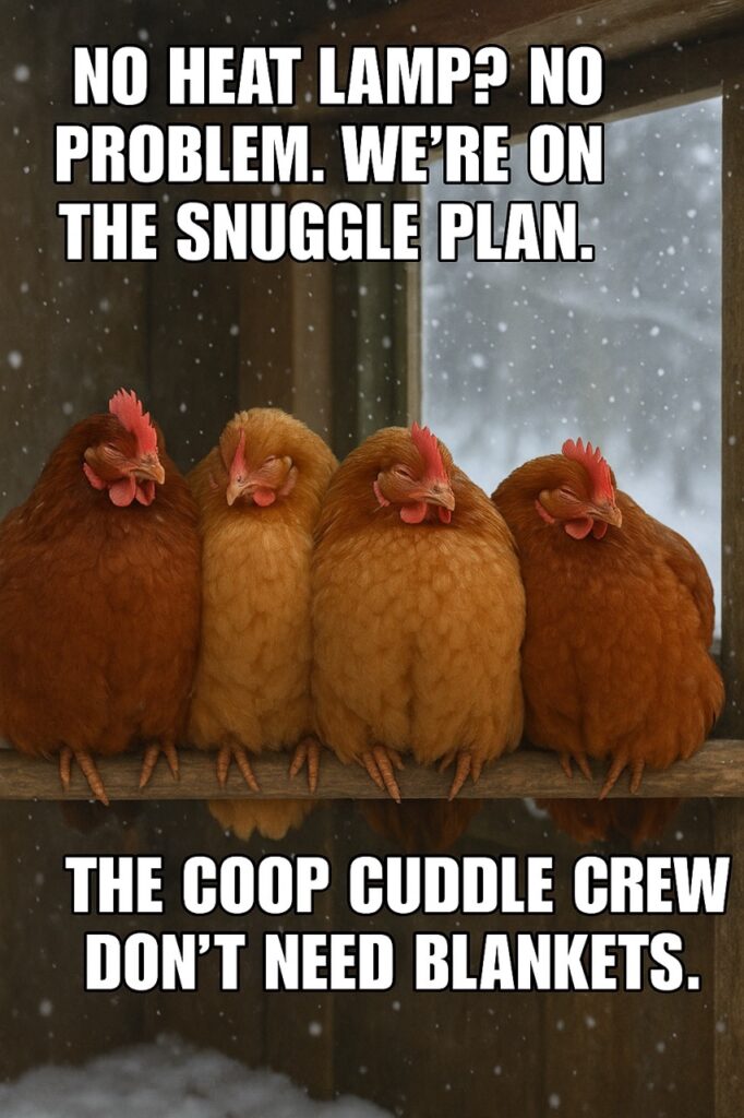 Four cozy hens perched closely on a roost, keeping warm inside a snowy chicken coop.