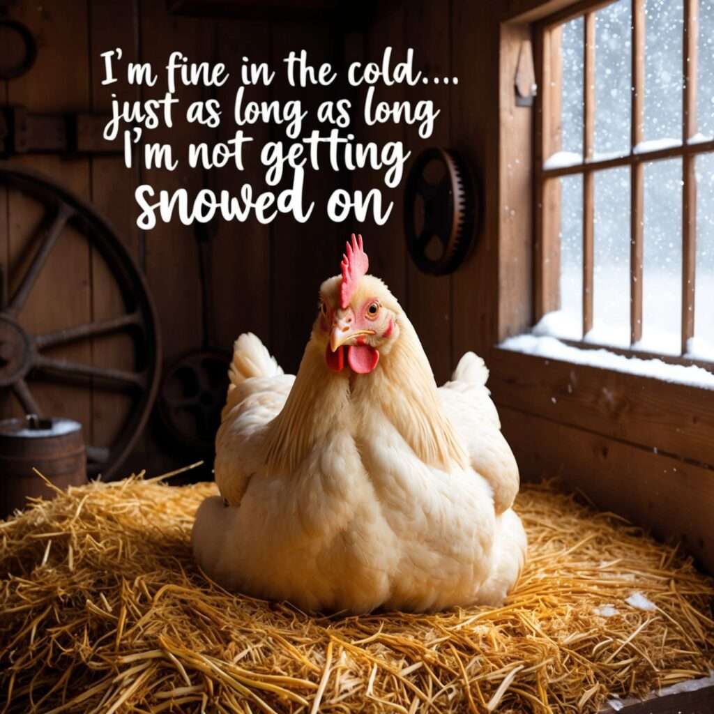 Cartoon chicken resting in a warm barn, snowstorm outside, cozy and unbothered.