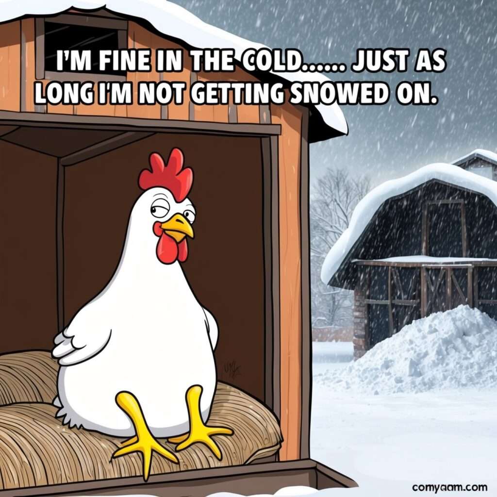 "A chicken sitting comfortably inside a rustic barn, unbothered by the harsh winter cold outside. The thick feathers provide warmth, creating a cozy contrast against the snowy storm."
