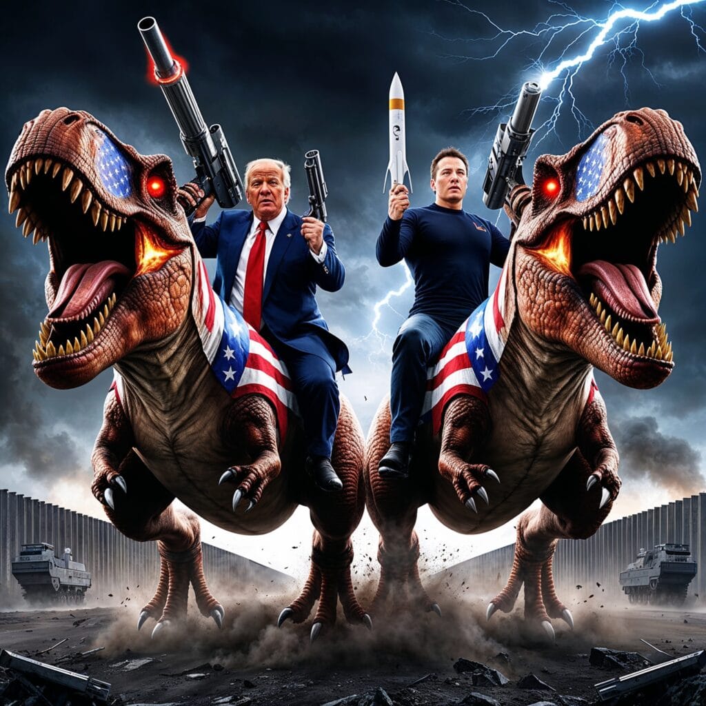 Donald Trump and Elon Musk, muscular and powerful, ride T-Rexes across a smoky landscape with machine gun and rocket launcher.