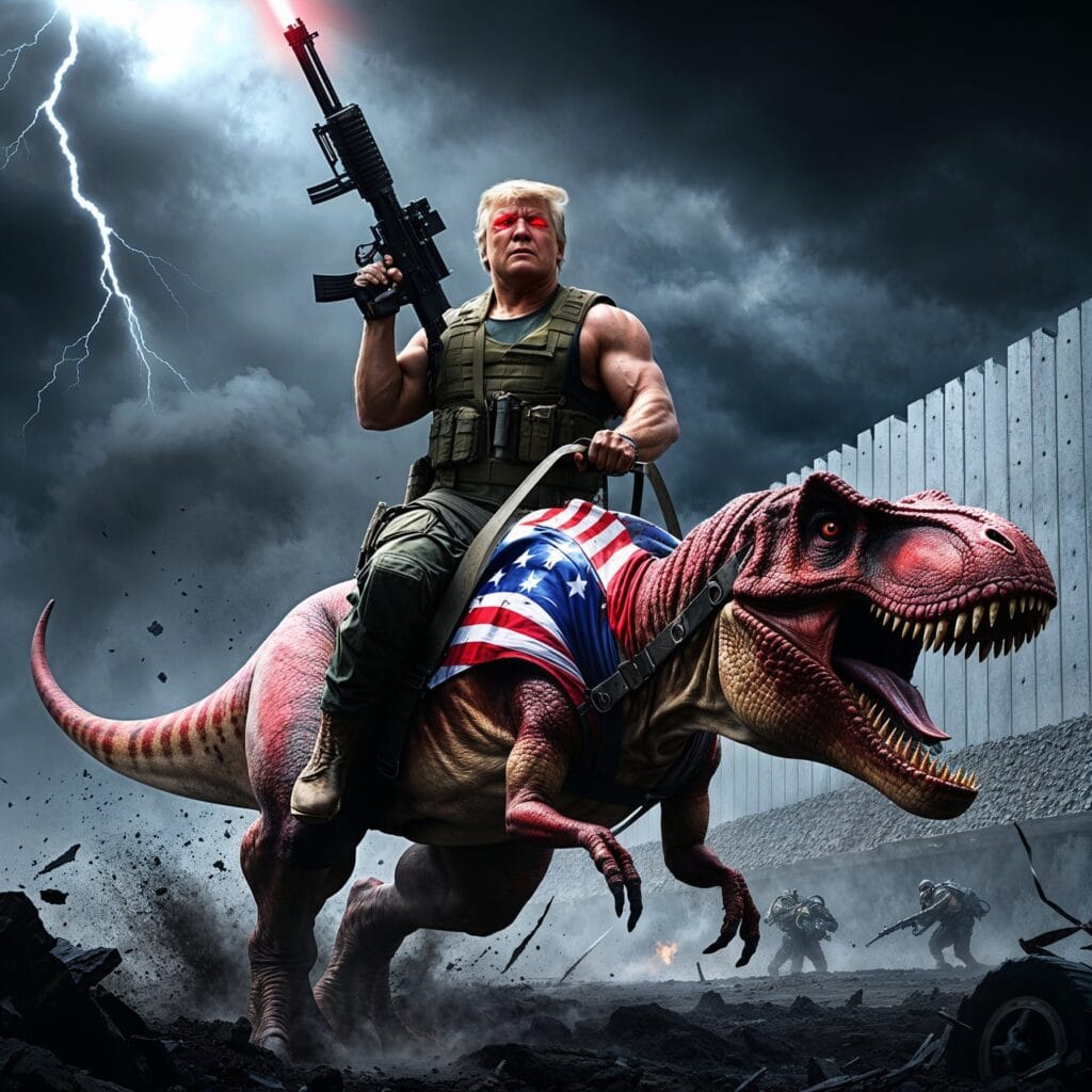 Donald Trump, muscular with red laser eyes, rides a roaring T-Rex and holds a machine gun against a smoky battlefield backdrop.