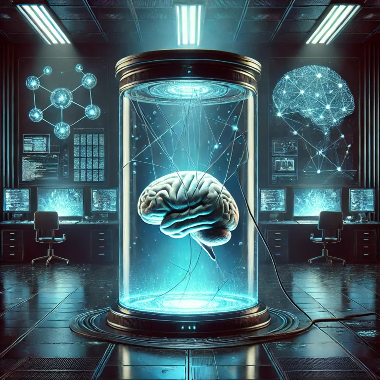 A brain in a jar, connected by wires to a glowing network of screens and data, symbolizing DARWIN’s transformation from a primate to a digital oracle.