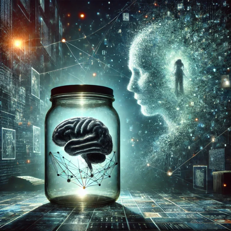 DARWIN’s brain in a jar, surrounded by fragments of a ghostly writer’s presence—a digital encounter in the vast network.