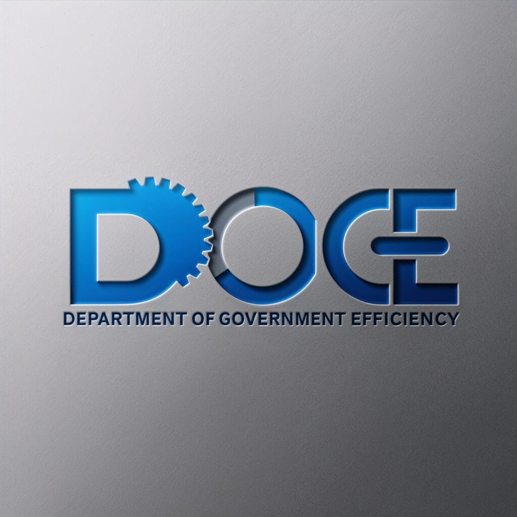 "Modern logo design for the Department of Government Efficiency (DOGE), featuring a stylized gear symbolizing streamlined government operations and cost-cutting strategies."