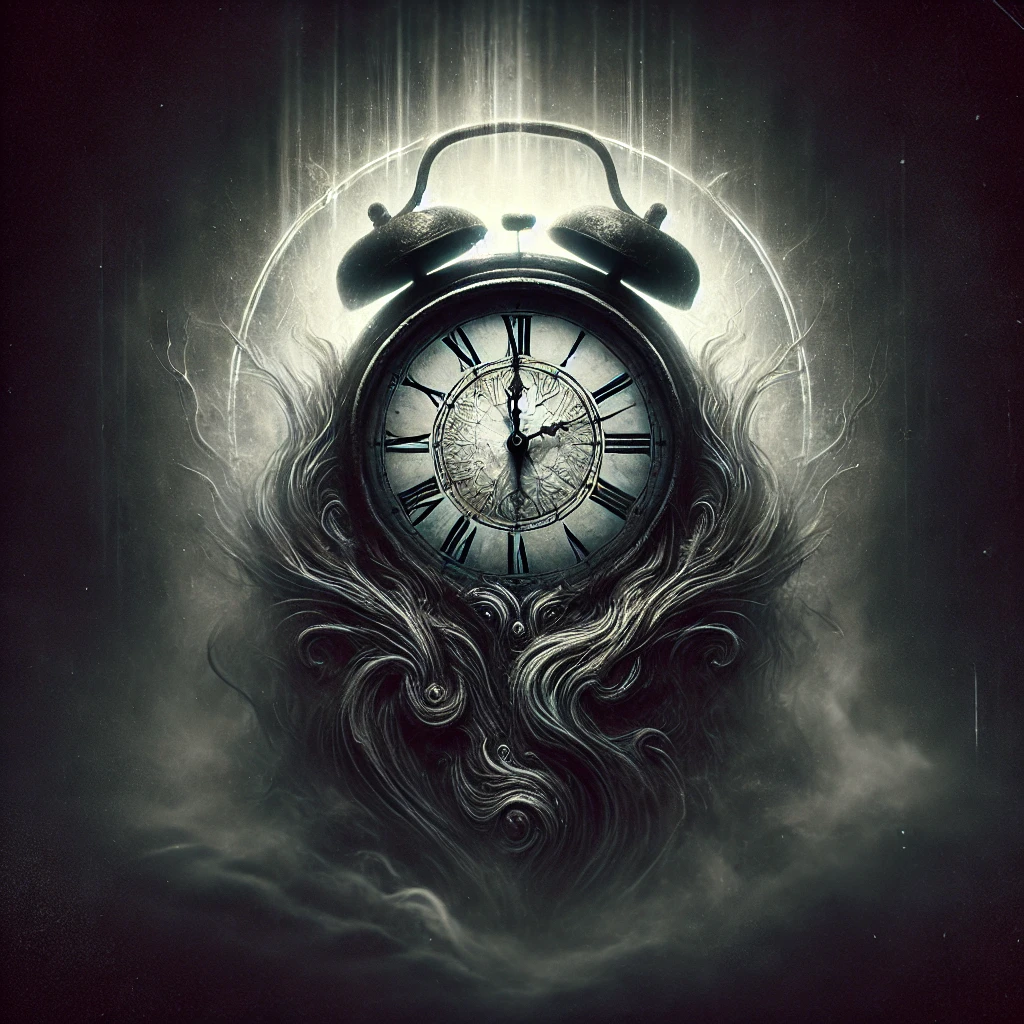 A dark, eerie image of a clock with melting, distorted hands against a shadowy background, symbolizing the elusive nature of time in sleep cycles.