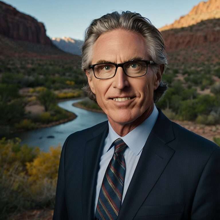 Doug Burgum, nominee for Secretary of the Interior, standing confidently in a suit with a natural landscape backdrop, symbolizing his leadership in managing public lands and energy policies.