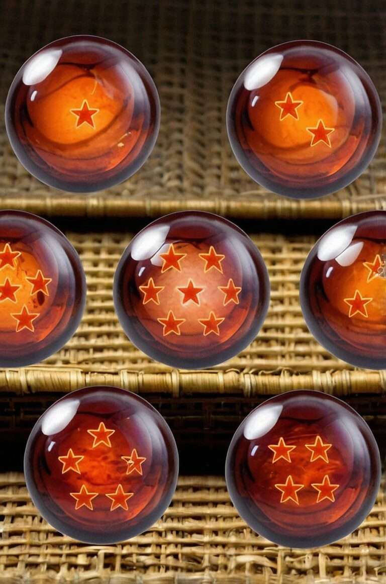 Dragon Balls featuring seven mystical orange spheres with red stars, arranged on a textured surface.