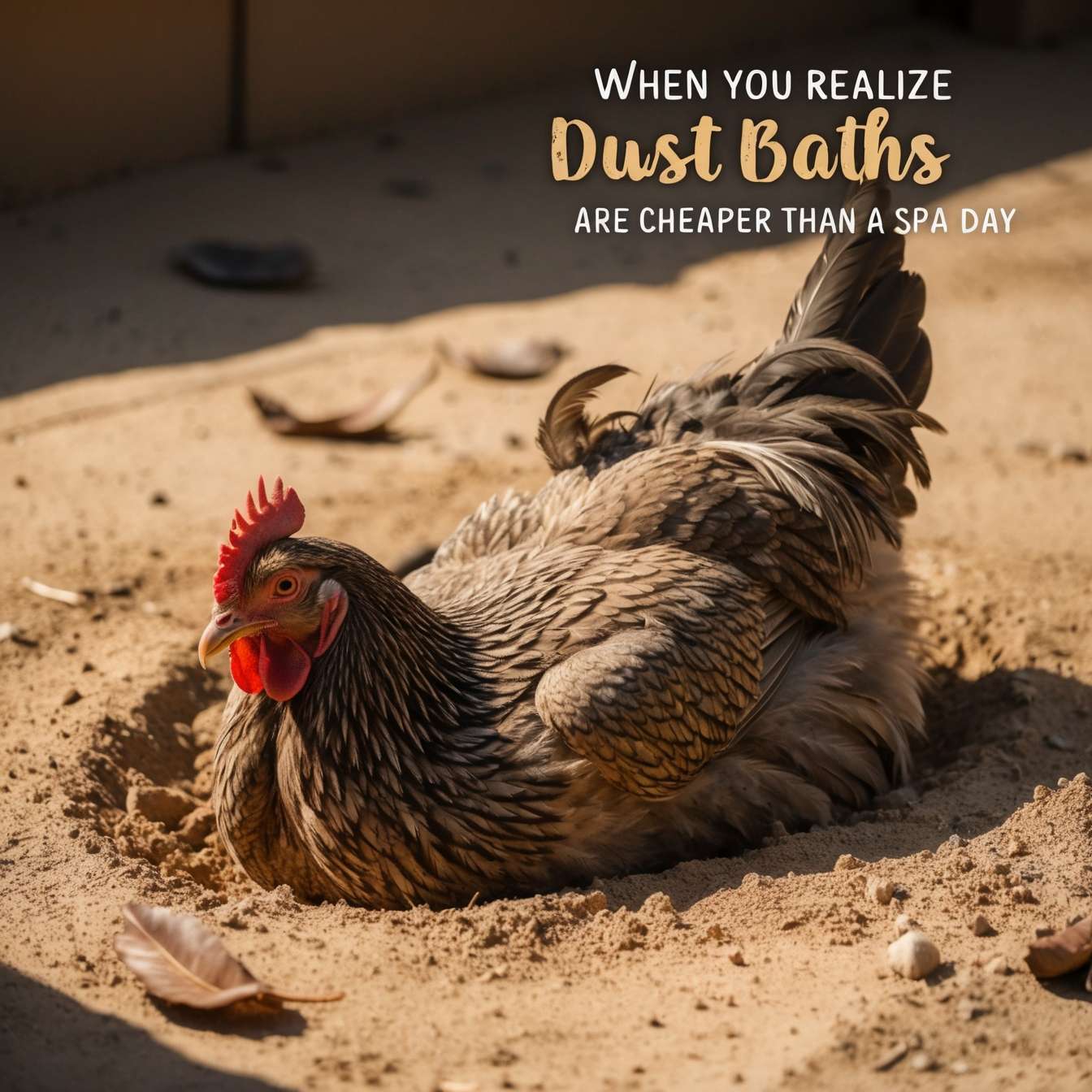 "Earthy-toned chicken speckled with dirt from enjoying a dust bath."
