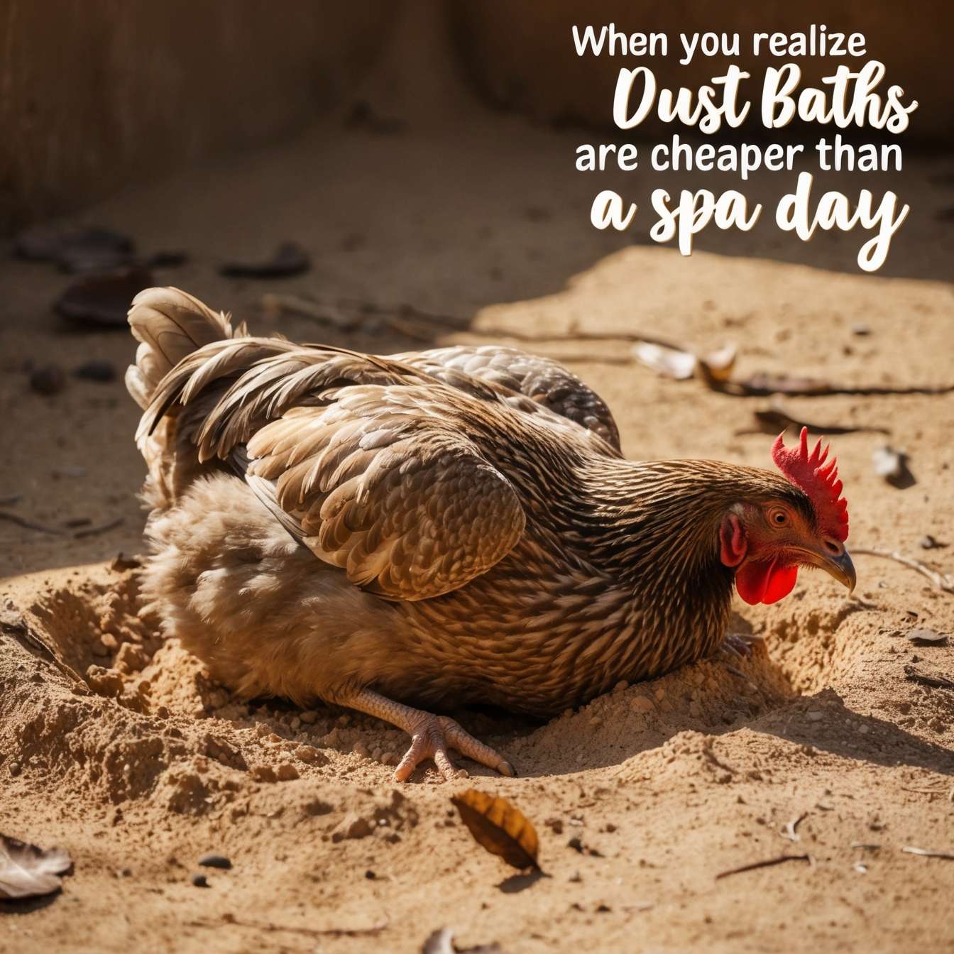 "Earthy-toned chicken speckled with dirt after enjoying a dust bath."