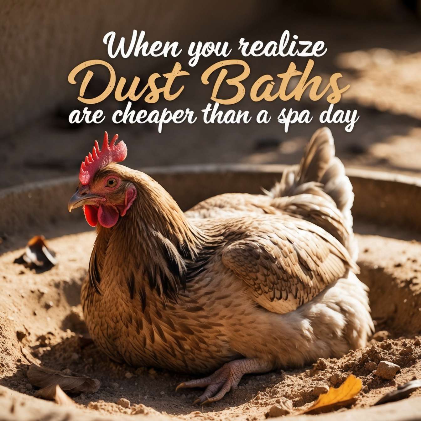 "Earthy-toned chicken with speckles of dirt from enjoying a dust bath."