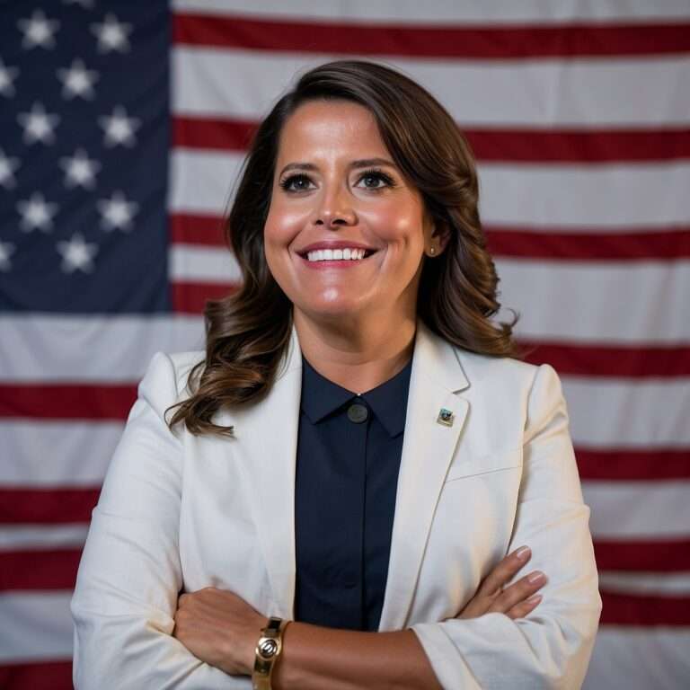 "Elise Stefanik, smiling in front of an American flag, representing her potential role as U.S. Ambassador to the United Nations."