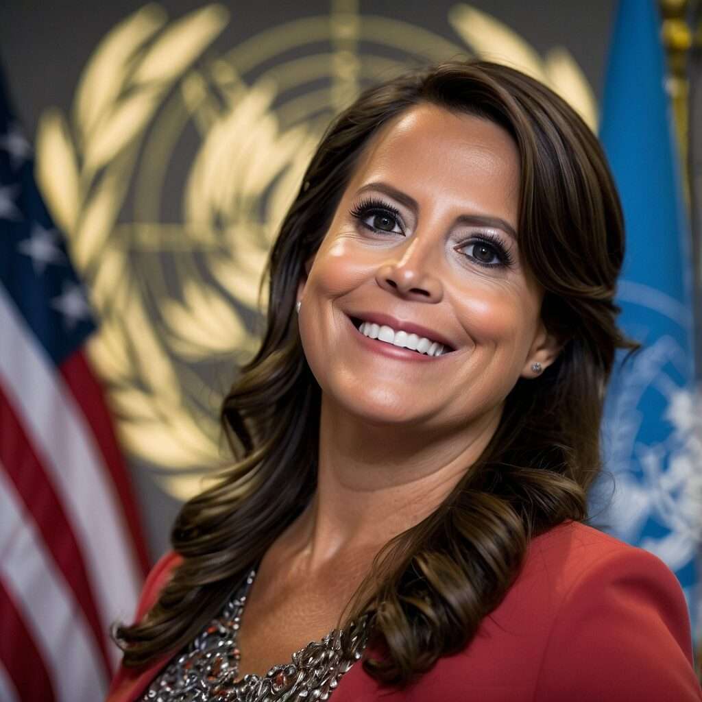 "Elise Stefanik smiling in front of United Nations and U.S. flags, symbolizing her role as a potential U.S. Ambassador to the United Nations."