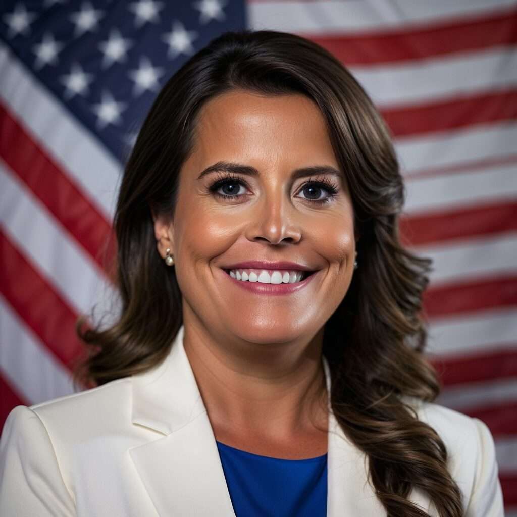 "Elise Stefanik smiling in front of an American flag, representing her candidacy for U.S. Ambassador to the United Nations."