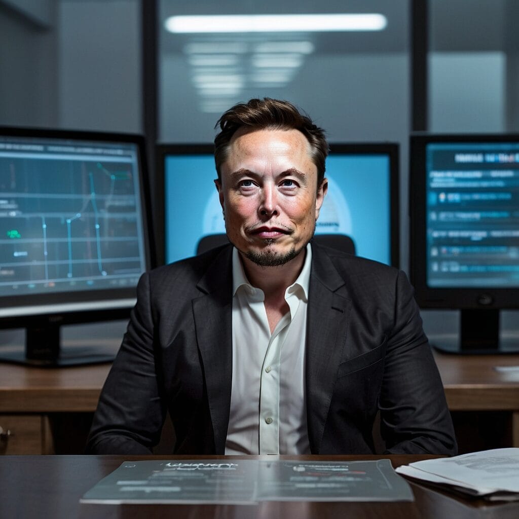 "Elon Musk stands in a futuristic government office with holographic charts, a digital Department of Government Efficiency logo, and an American flag in the background, symbolizing innovation and streamlined government operations."