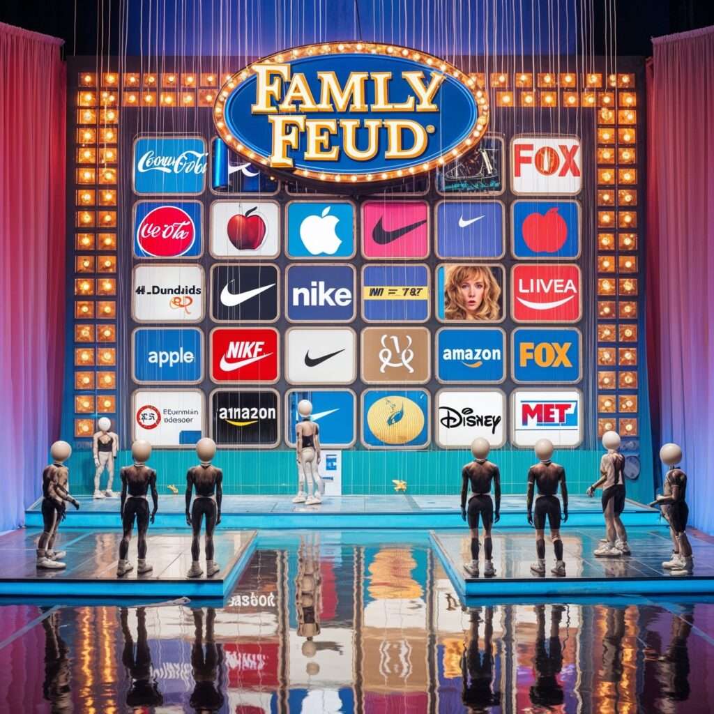 "A surreal Family Feud-style game show set, featuring an answer board dominated by logos from companies like Coca-Cola, Apple, Nike, Amazon, Disney, Fox, and McDonald's, symbolizing corporate influence on cultural narratives."