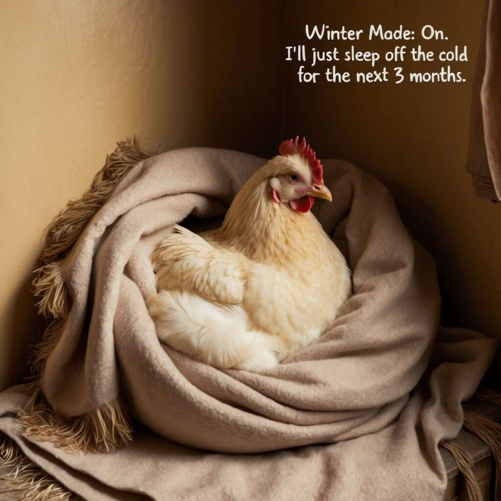"A fluffy chicken sitting serenely in a warm barn, perfectly comfortable while snow falls outside. The thick feathers provide insulation, keeping the chicken cozy during the cold winter."