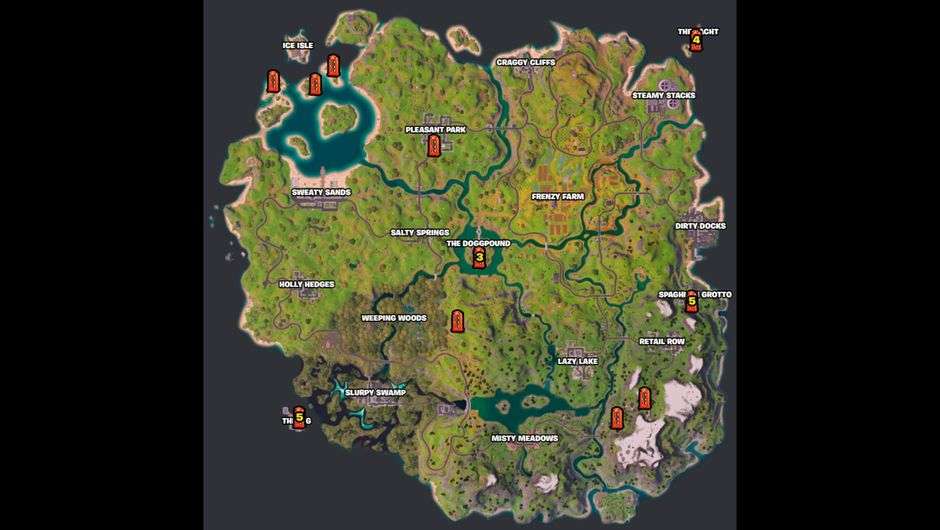 Fortnite Chapter 2 Remix map highlighting Phone Booth locations, including POIs like The Yacht, Pleasant Park, The Rig, Spaghetti Grotto, The Doggpound, and others for henchman disguises.