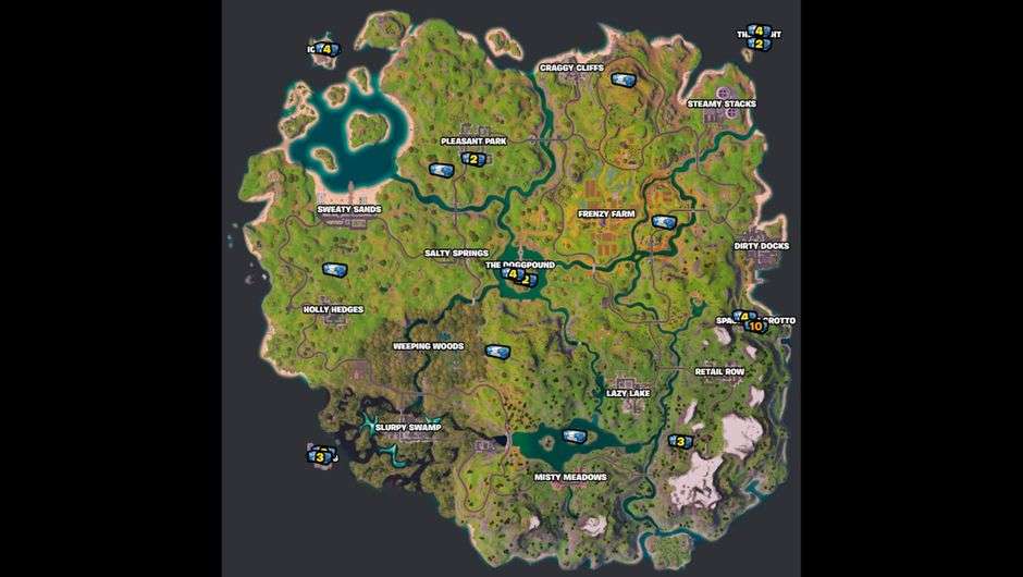 "Map of Fortnite Chapter 2 Remix highlighting Henchman Chest locations at The Yacht, The Rig, Spaghetti Grotto, The Doggpound, Ice Isle, and other key POIs."

