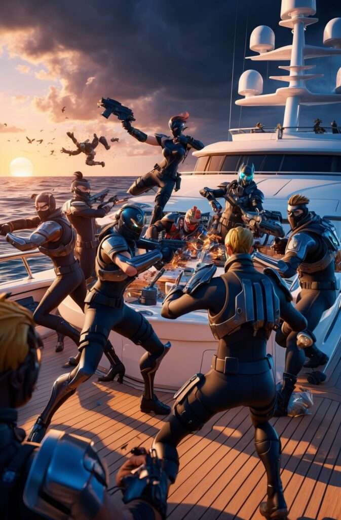 "Fortnite Remix 2 players fight for The Yacht’s vault, surrounded by fiery action and the setting sun over the ocean horizon."

