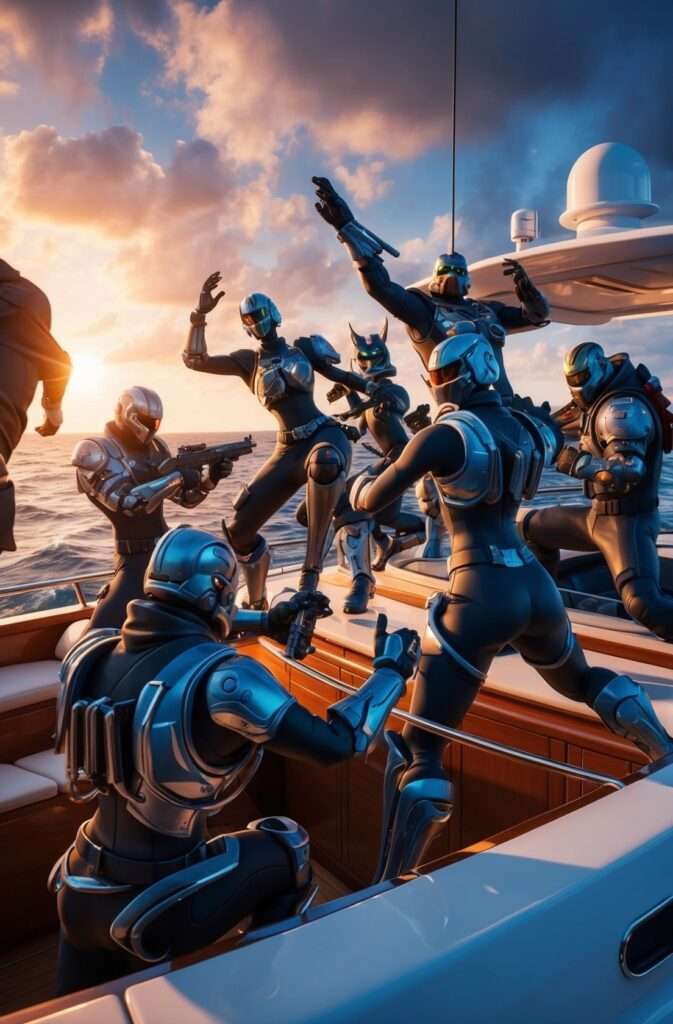 "Fortnite Remix 2 battle on The Yacht during sunset, showcasing armored players clashing on the deck in a dramatic action scene."