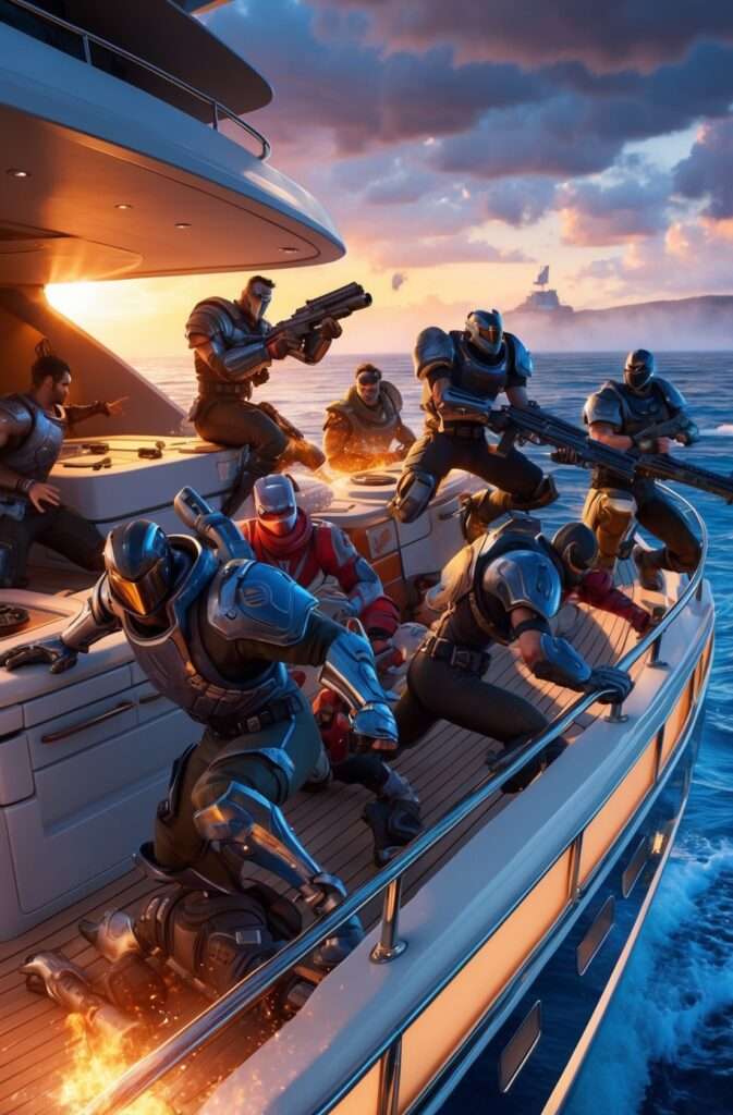 "Fortnite Remix 2 players engage in a fierce firefight on The Yacht’s deck, with intense action and explosions lighting the scene."