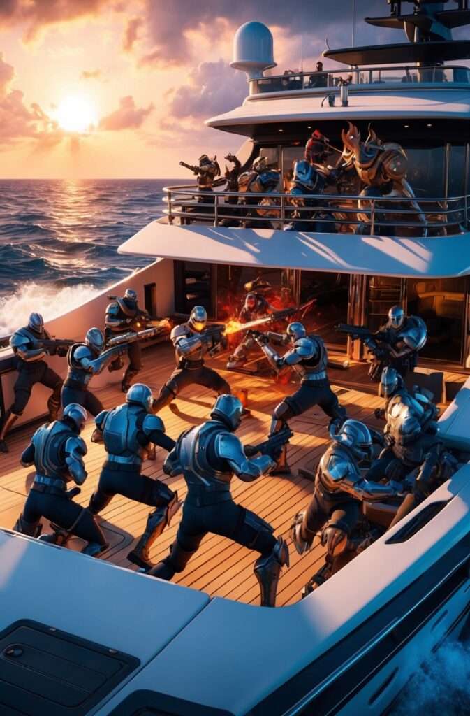 "Fortnite Remix 2 epic battle on The Yacht, with a full-scale firefight involving heavily armed players in a dramatic ocean setting."

