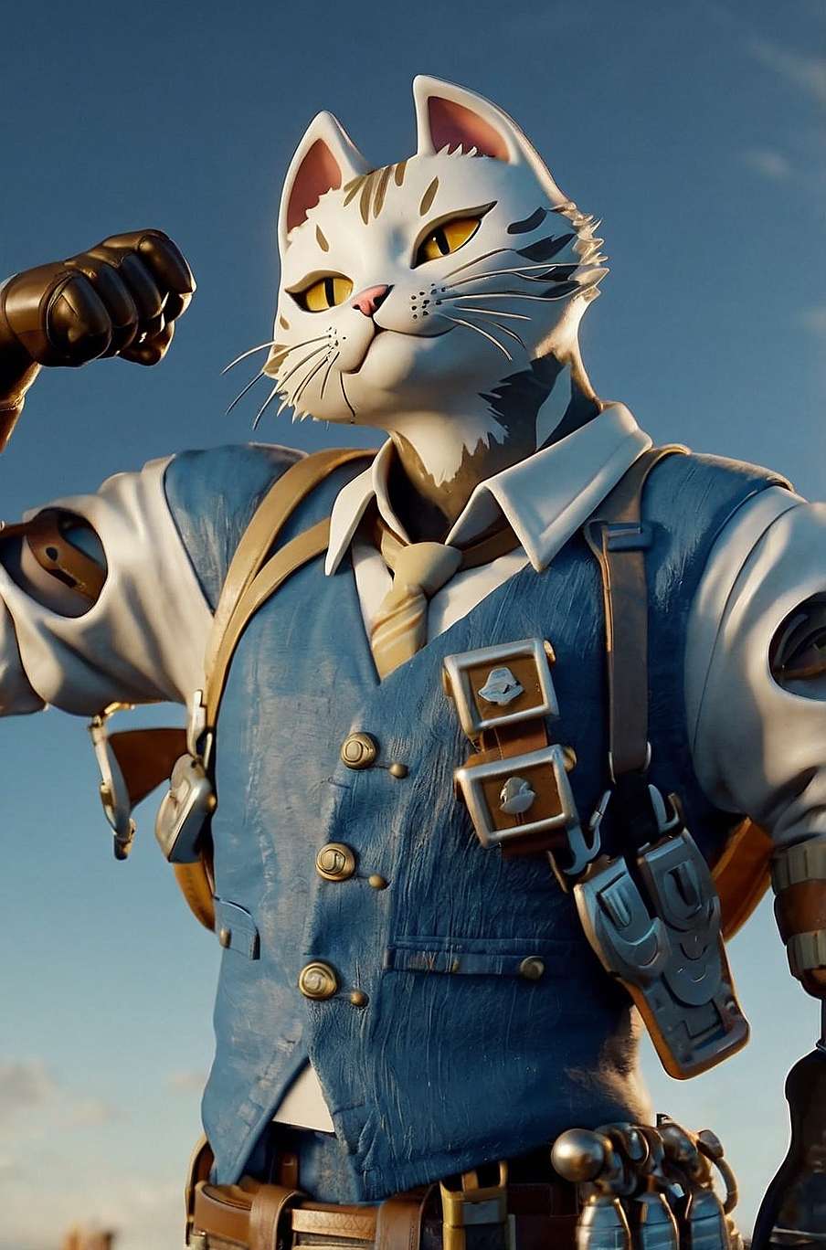 Meowdas character in Fortnite Remix 2, featuring a muscular anthropomorphic cat in battle gear with blue armor and golden accents, flexing in front of a dynamic background